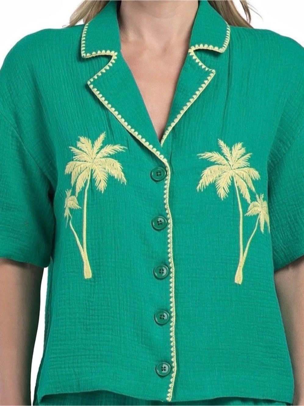 English Factory Palm Tree Embroidered Button-Up Shirt Green Medium
